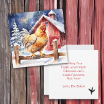 Festivo Festivo Batido Bom Natal<br><div class="desc">Cartão de Natal personalizado,  bonito,  com uma galinha em forma de aquarela,  parada por uma cerca de madeira rústica em frente a um celeiro. Engraçado mensagem de feriado no verso que pode ser editada na área personalizada.</div>