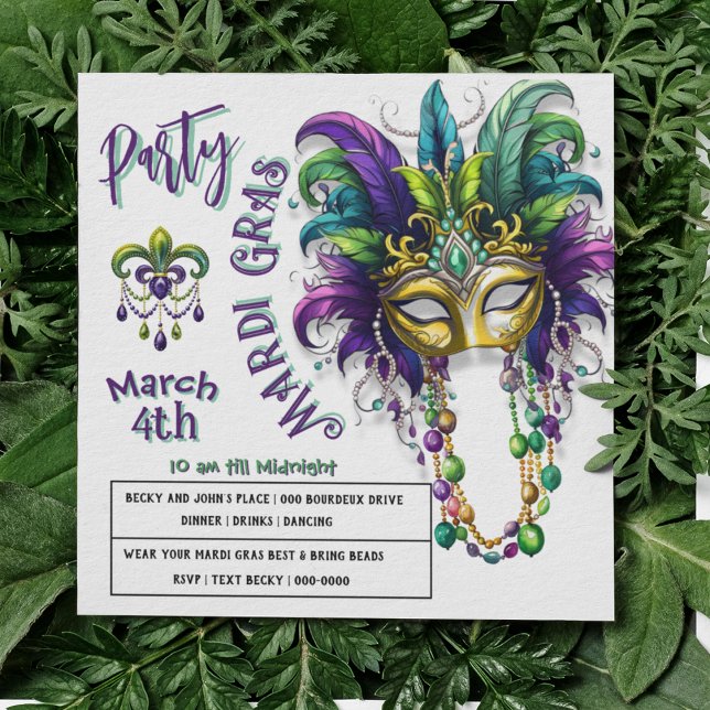 Festivo Mardi Gras e Fleur Des Lis - Convite (Festive Mardi Gras Mask with feathers, beads and fleur des lis party invitations )