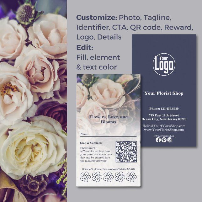 Fidelidade Blooms e recompensas Cartão de Lealdade Florista P (Blooms & Rewards Customizable Florist Loyalty Card, QR code, Custom Logo, Color customizable
)