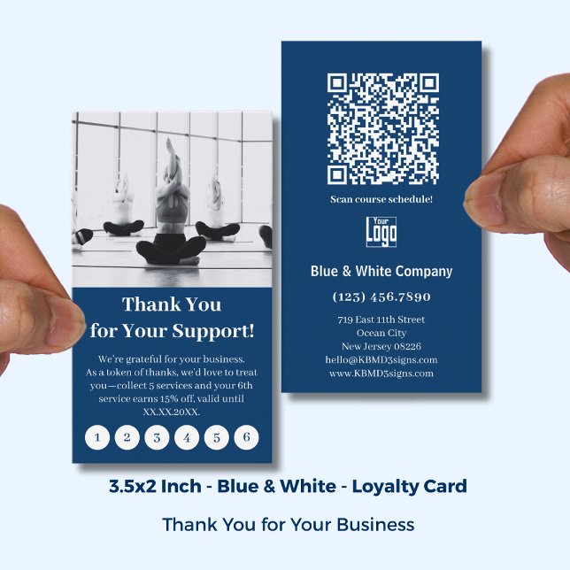 Fidelidade Cartão de Agradecimento Moderno Azul e Branco com  (Modern Blue & White with Logo Thank You Punch Loyalty Card; Standard US Size 3.5x2 Inch)
