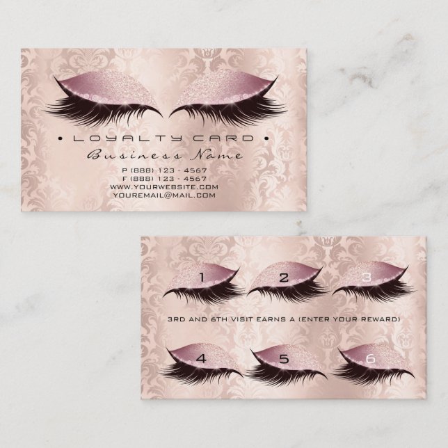 Fidelidade Cartão de Lealdade 6 Belo Salão Lashes Damask Rosa (Frente/Verso)