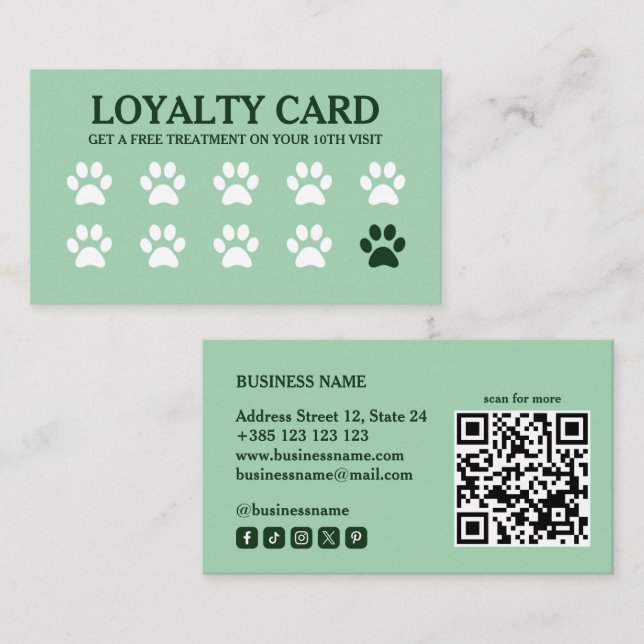 Fidelidade Cartão de Lealdade Verde do Código QR Pet (Frente/Verso)