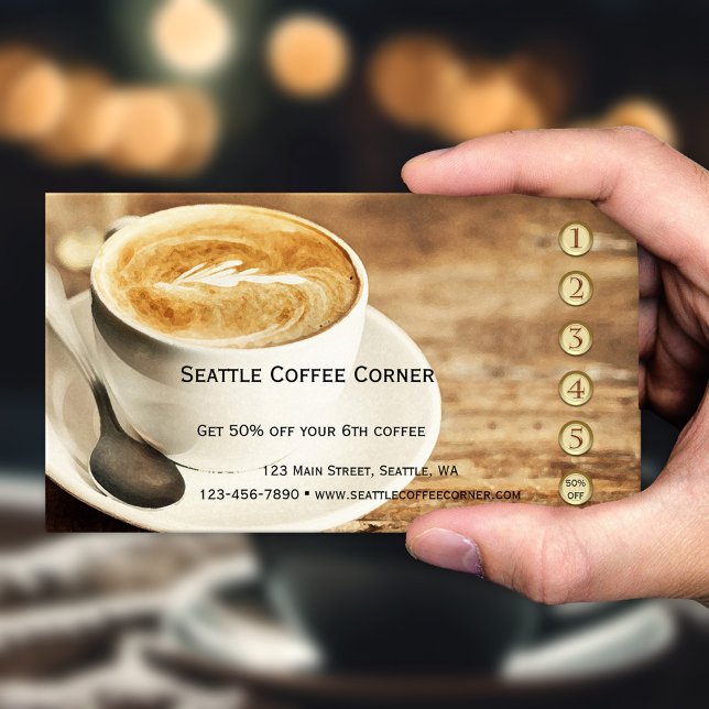 Fidelidade Cartão de Pagamento Russo de Lealdade de Café (Loyalty business card with gold and rose gold stylized punch numbers and rustic watercolor coffee)