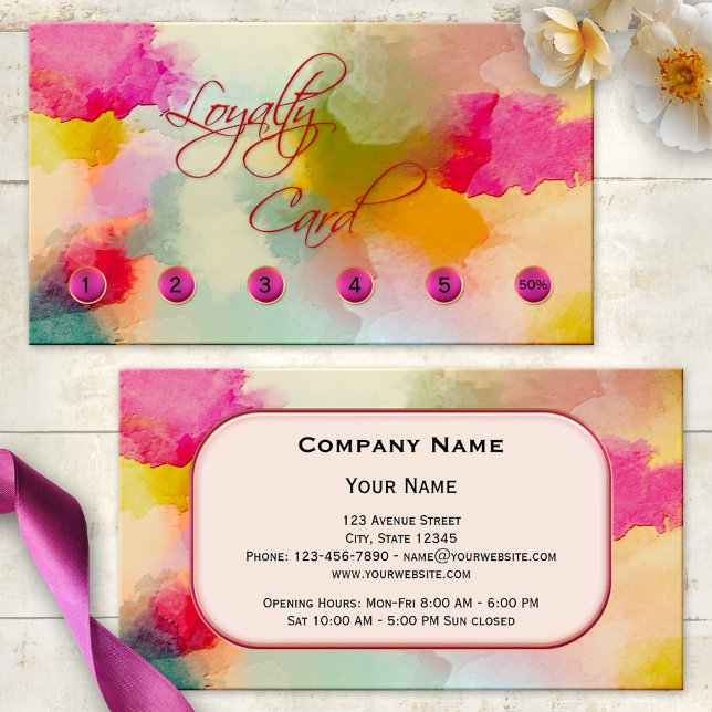 Fidelidade Cartão de visita do Cartão de Fracionamento de Lea (A vibrant artistic watercolor loyalty business card with dots to mark punch holes or to cross out)