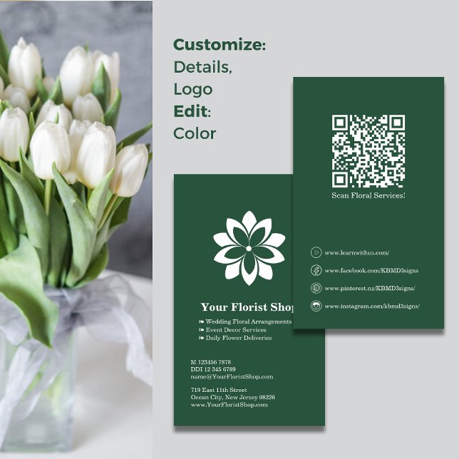 Fidelidade Floral Services Florist Green White Cartão de visi (Floral Services Florist Green White Business Card, Blossom Logo, QR code)