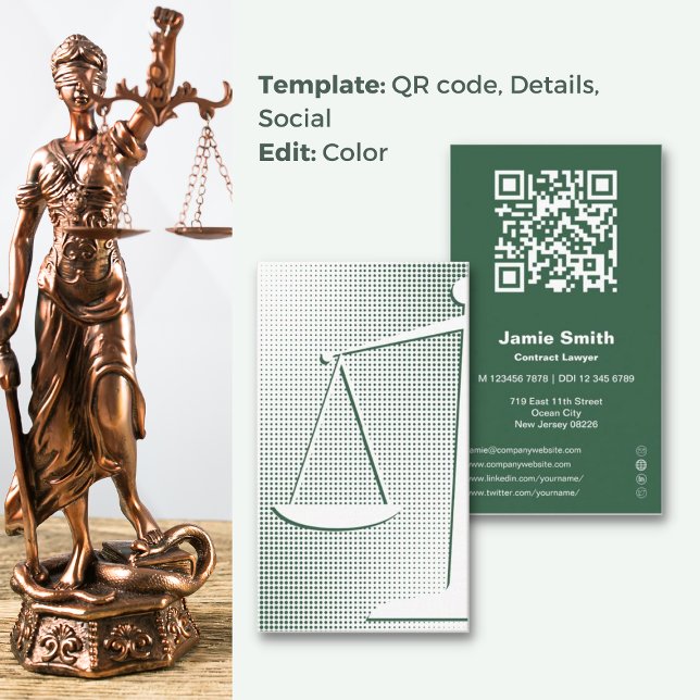 Fidelidade Green Contract Lawyer Cartão de visita (Green Contract Lawyer Business Card, Balance Symbol Halftone Design, QR code, Social Icons)