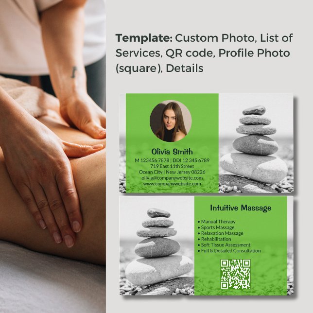 Fidelidade Harmonia - Cartão de visita de Terapia de Massagem (Harmony - Green Massage Therapist Business Card, Background Photo & Green Overlay, QR code)