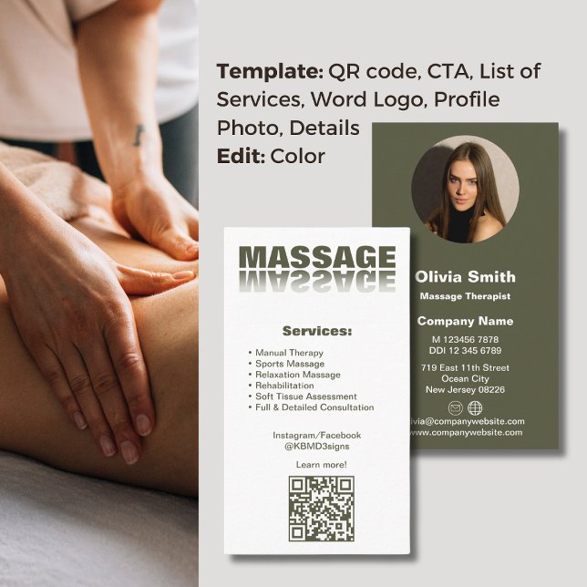 Fidelidade Moisés Green Massage Therapist Cartão de visita (Moss Green Massage Therapist Business Card, Word Logo, Service List, CTA, QR code< Profile Photo)