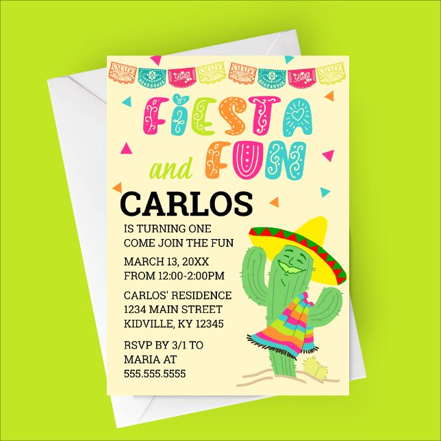 Fiesta e Convite de aniversário Divertido (Fiesta and Fun | Cute Cactus Cartoon Character | Summer Birthday Party Invitation)