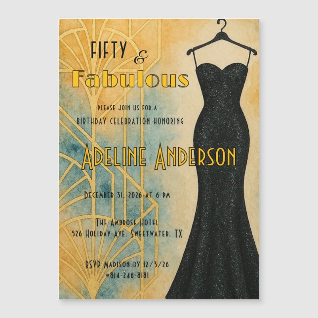 Fifty and Fabulous Black Gold Art Deco Magnet Card (Frente)