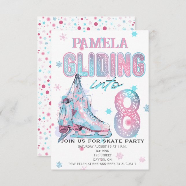 Figura patinando 8º Convite de aniversário (Frente/Verso)
