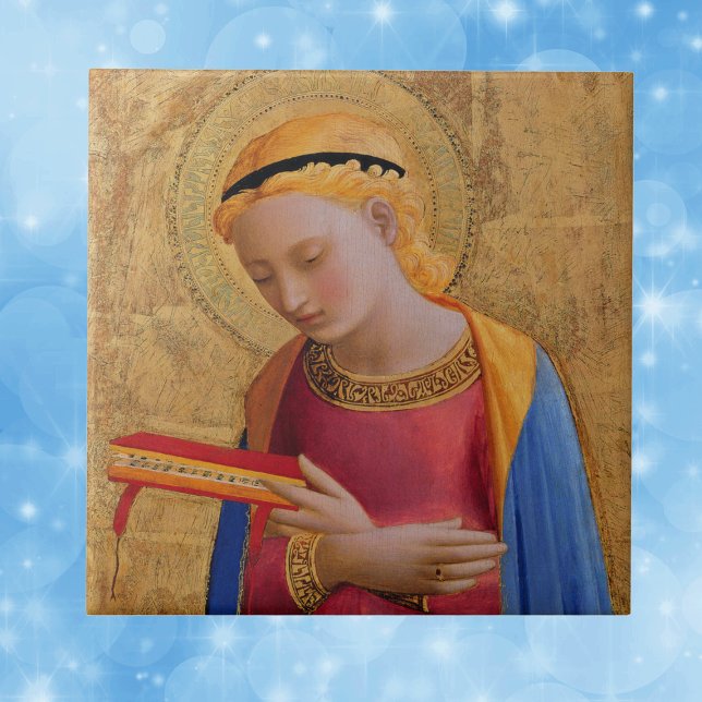 Figura Santa Dourada Vintage (Christian religious female figure golden halo holding book on decorative ceramic tile.)