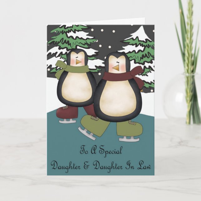 Filha E Filha De Direito Pinguins Cartão De Natal (Frente)