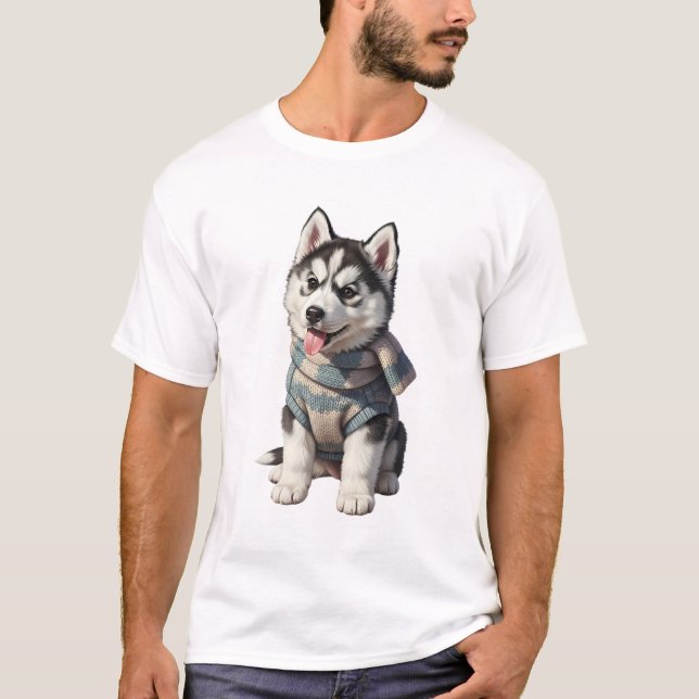 Filhote de Husky Fofo em Suéter de Inverno (Frente)