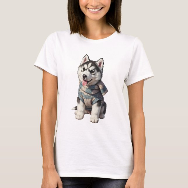 Filhote de Husky Fofo em Suéter de Inverno (Frente)