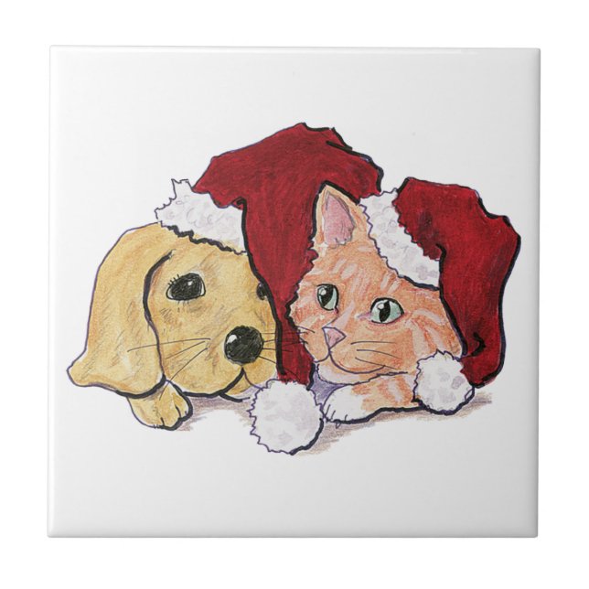 Filhote de Labrador de Natal Fofo e Gato Tabby Lar (Frente)