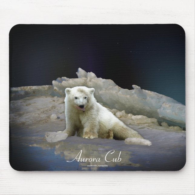 Filhote de Urso Polar no Gelo e Aurora Mouse Pad (Frente)