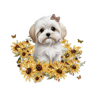Filhote maltês com flores amarelas de outono