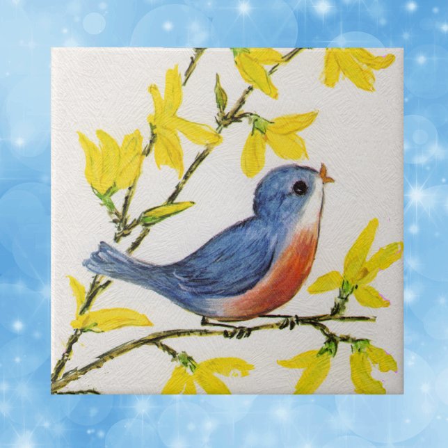 Filiação de Árvore de Pássaro Azul Cantando em Bon (Sweet blue red bird on branch yellow flowers on faux textured white decorative tile.)
