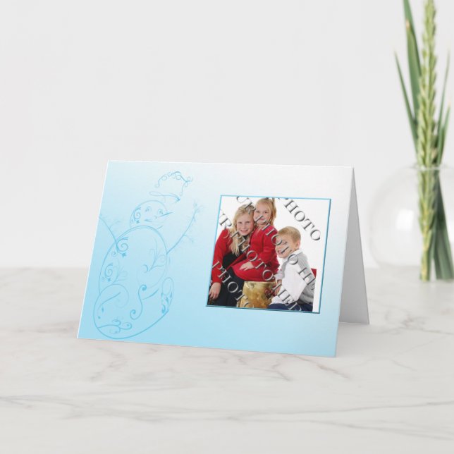 Filigree Snowman no Cartão de Natal de Foto Azul (Frente)