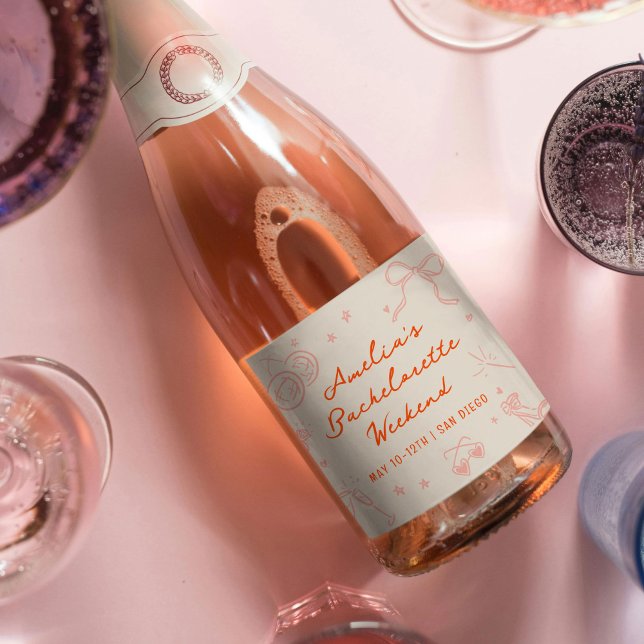 Fim de semana de despedida de solteira em desenho  (Pink and red bachelorette party sparkling wine bottle labels.)