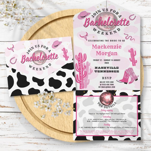 Fim de semana de festa de despedida de solteira Di (Disco Cowgirl Bachelorette Weekend Party All In One Invitation)