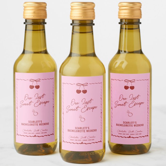 Fim de Semana de Solteira Cereja Rosa e Vermelha M (One Last Sweet Escape mini wine labels, bachelorette party favors, red, pink, personalized, chic)