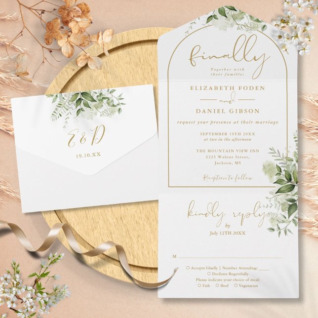 Finalmente Bodas Arco Verdejante Floral (
by Thisisnotme Designs
Finally Gold Arch Greenery Floral Wedding All In One Invitation)
