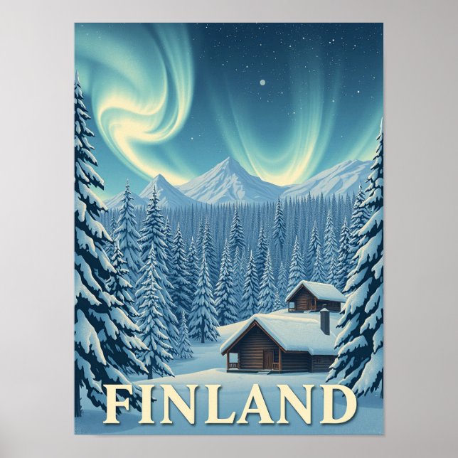 Finland Northern Lights Winter Cabin Poster Print (Frente)