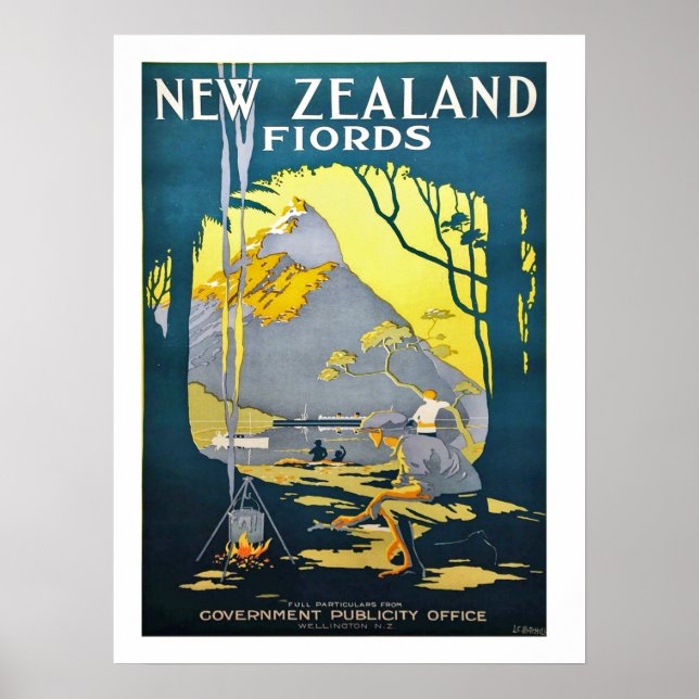 Fiordes da Nova Zelândia, pôster de viagem vintage (Frente)