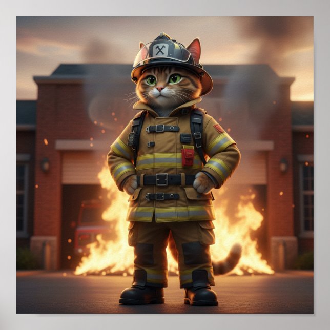 Firefighter Cat Poster – 3D Hero Cat Wall Art (Frente)