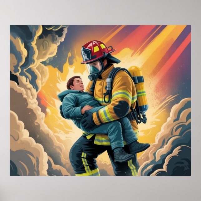 Firefighter Hero Rescue Scene Poster (Frente)