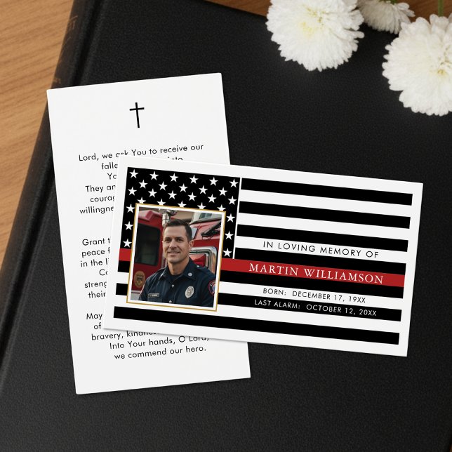 Firefighter Thin Red Line Flag Photo Prayer Card (Criador carregado)