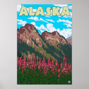 Fireweed with Mountains Vintage Travel Poster