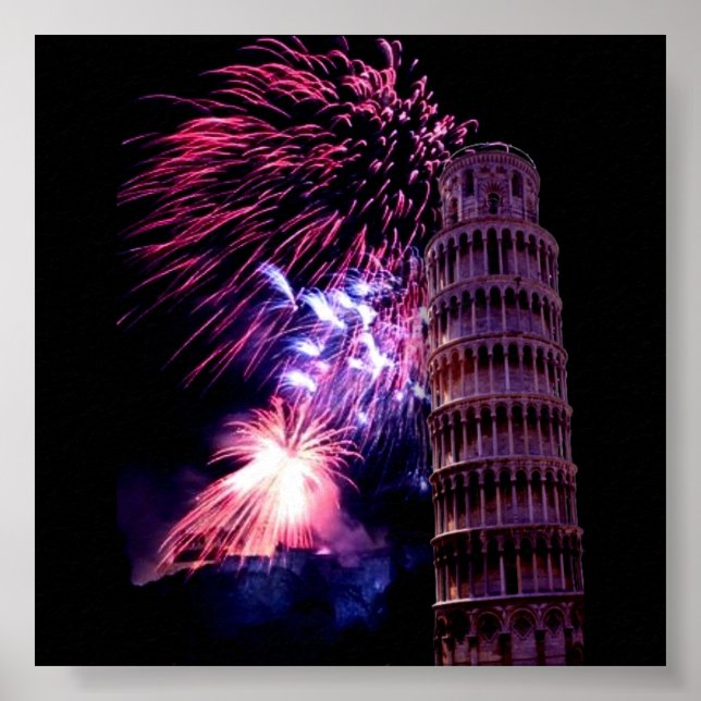 Fireworks lightingTower of Pisa Poster (Frente)