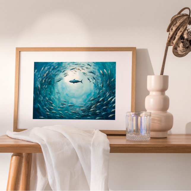 Fish Tornado Oil Painting Impressão (Dive into an underwater world with this mesmerizing oil painting capturing the of a fish tornado.)