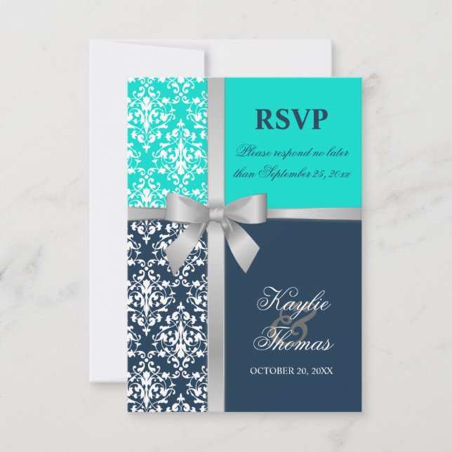 Fita de Prata Falsa Damask Azul Marinho RSVP Casam (Frente)