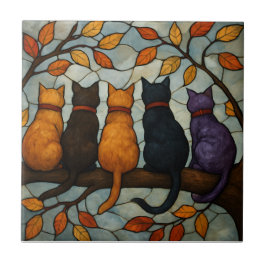 Five Cats on a Tree Branch Stained Glass Style