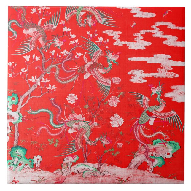 Five Phoenixes in Garden Chinese Red Floral  (Frente)