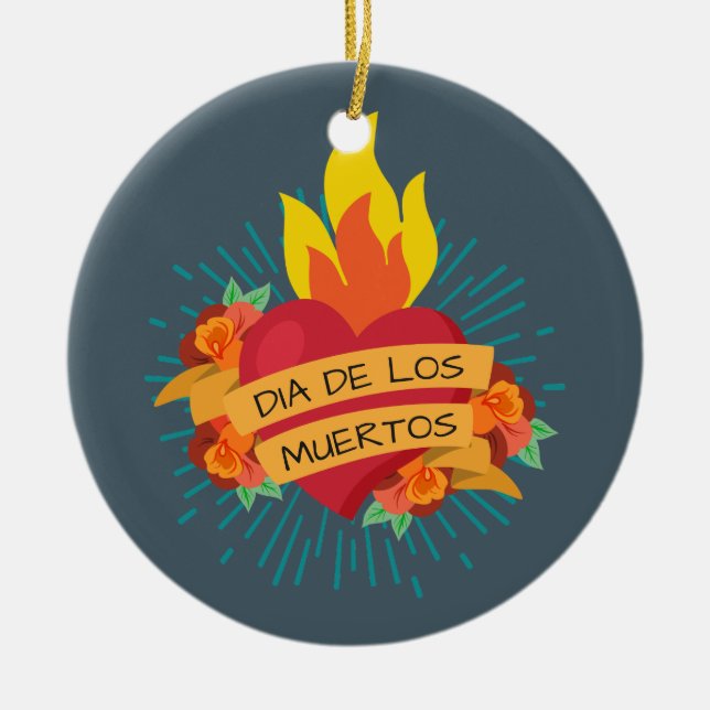 Flaming Heart Dia de los Muertos | Ornamento (Frente)