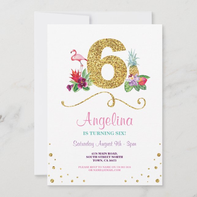 Flamingo Aloha Sexto Convite Festa de aniversário  (Frente)