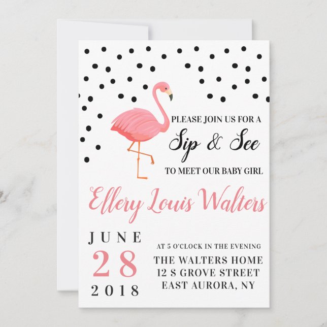 Flamingo Baby Girl Sip e Veja o convite (Frente)