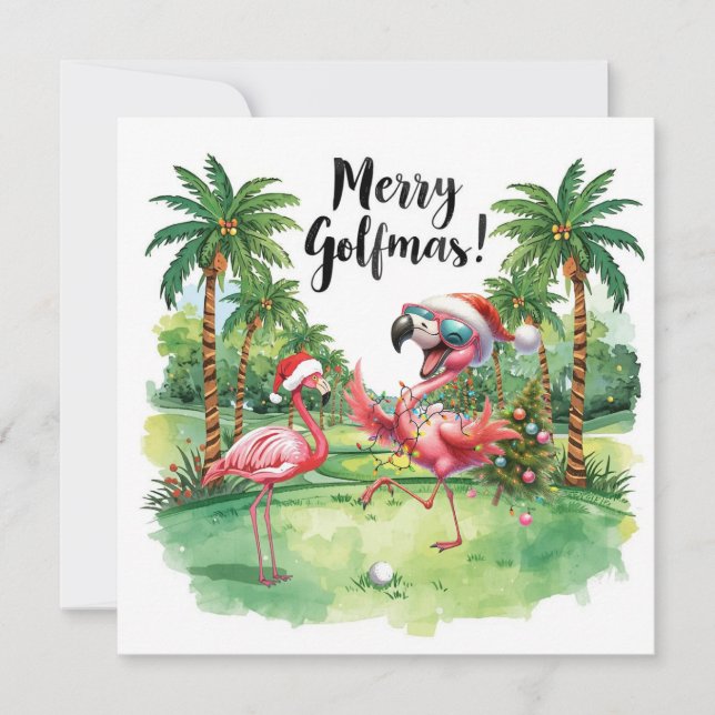 Flamingo Christmas Golfer no campo de golfe (Frente)