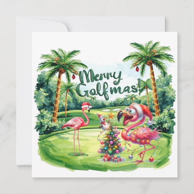 Flamingo Christmas Golfer no campo de golfe (Frente)