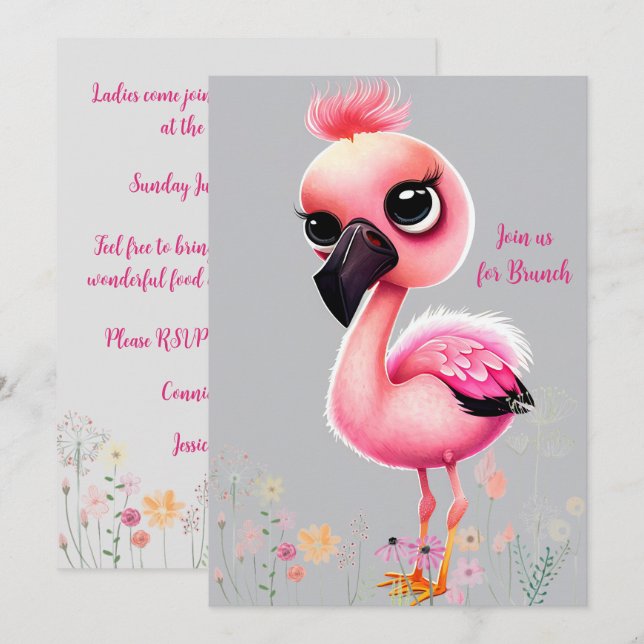 Flamingo Cor-de-Rosa Meninas Brunch Convite (Frente/Verso)