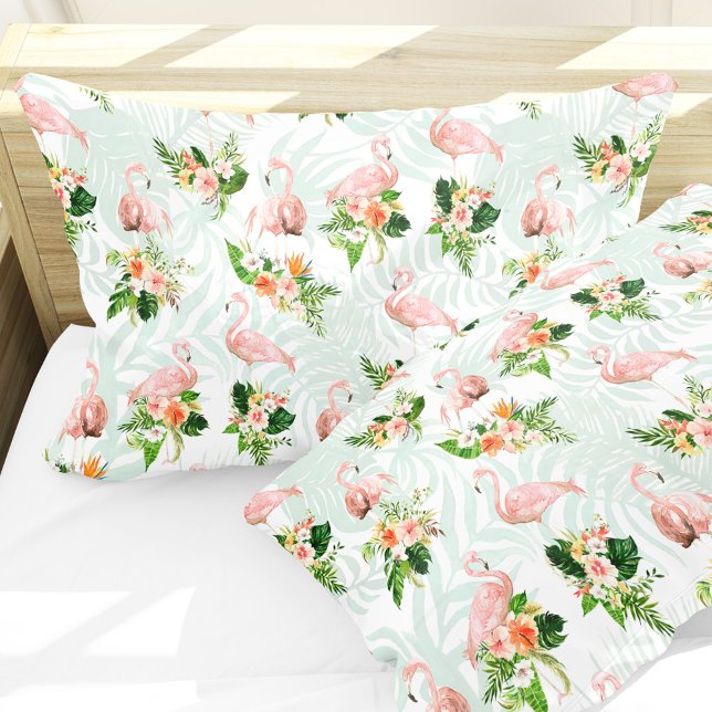 Flamingo Floral Rosa Tropical (Tropical flowers and pink flamingos add a fresh summer vibe to your bedroom.)