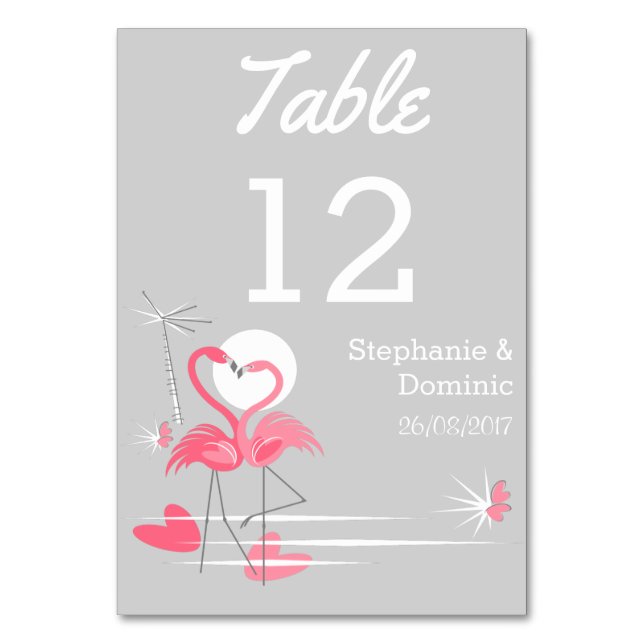 Flamingo Love Side Names Data Cartão de mesa (Frente)