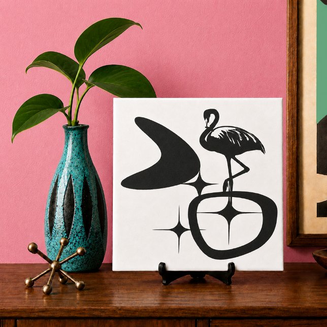Flamingo Moderno de Meados do Século Formas Atômic (midcentury modern boomerang and starburst shapes with flamingo silhouette, Palm Springs decor )