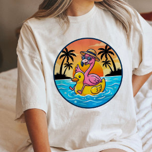Flamingo Montado em Pato de Borracha Pôr do Sol Tr