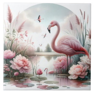 Flamingo na cena floral de Pastel Pond